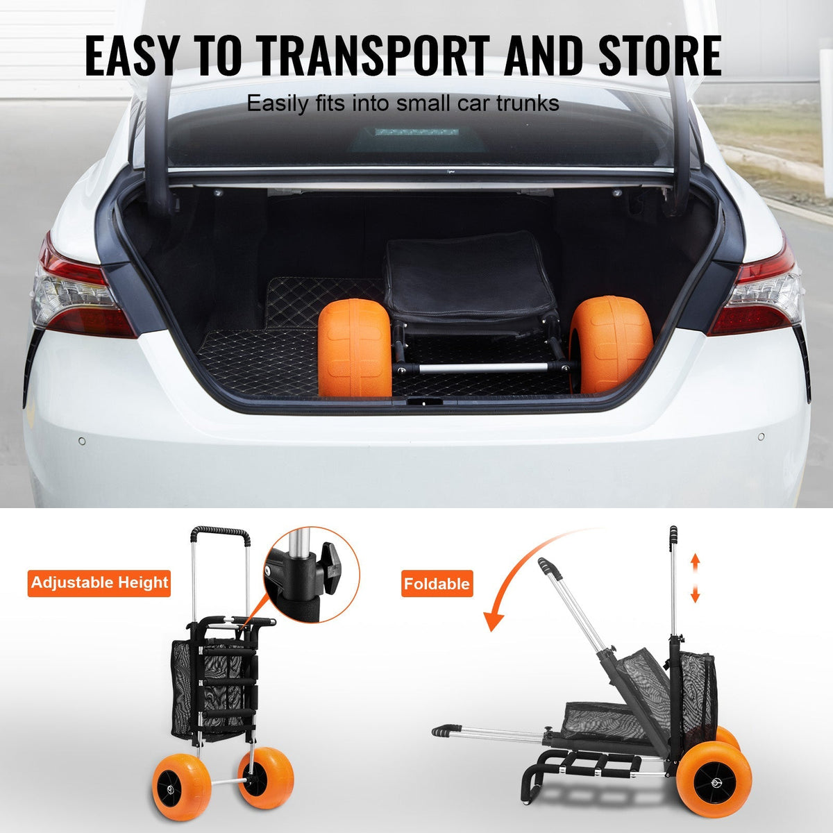Beach Cart Aluminum Alloy 12-Inch PU Foam Wheels Folding Sand Cart Adjustable Handle for Camping Fishing Gardening Outdoor — 