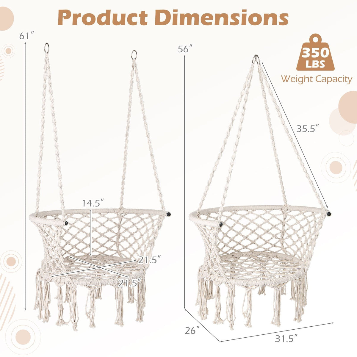 Beige Macrame Hammock Chair with Cotton Rope, Metal Frame and 31.5 x 26-Inch Hanging Seat Design — image 5