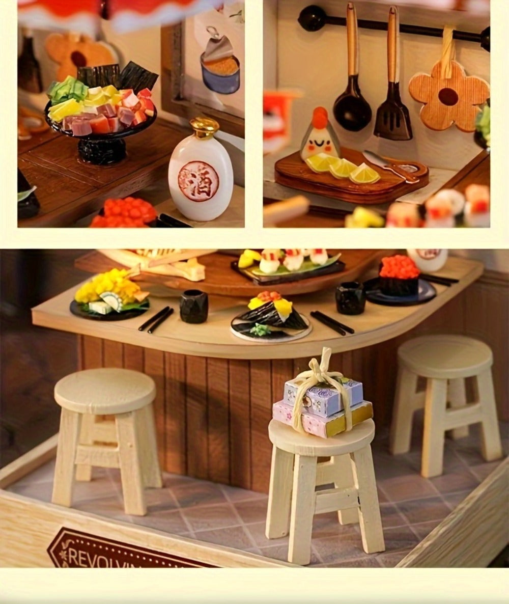 DIY Wooden Tiny House Kit with Dust Cover, Handmade Miniature Dollhouse Puzzle, 3 Themes Afternoon Tea Rotating Food House Mo