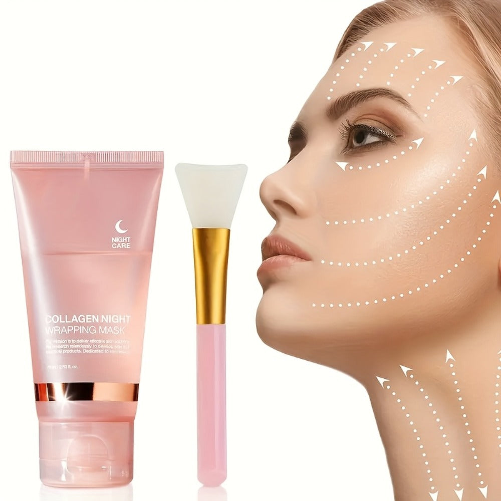 Collagen Night Wrap Mask with Jelly Brush 3pcs Hyaluronic Acid Deeply Moisturizing Nourishing Overnight Glossy Sleeping Mask 