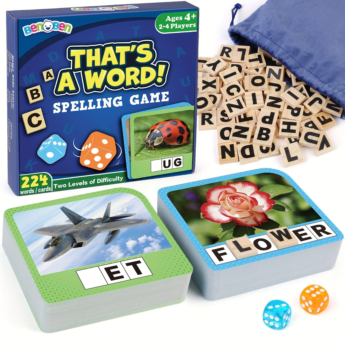 Spelling Flash Card Game for Kids Ages 4-8 – 224 Phonics Sight Word Flashcards, 208 Wood Letter Tiles & Dice — image 13