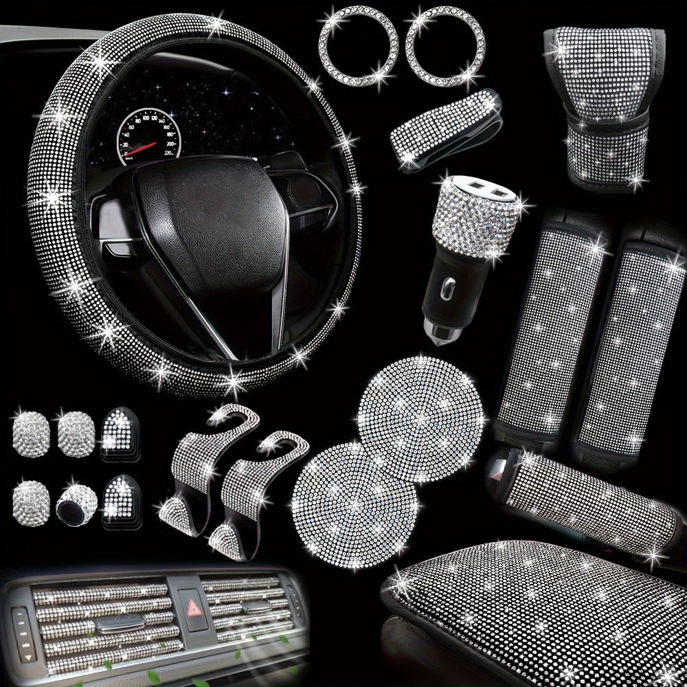 30-Piece Bling Car Interior Accessories Set with 15-Inch Steering Wheel Cover, Seat Belt Pads and Trim — image 1