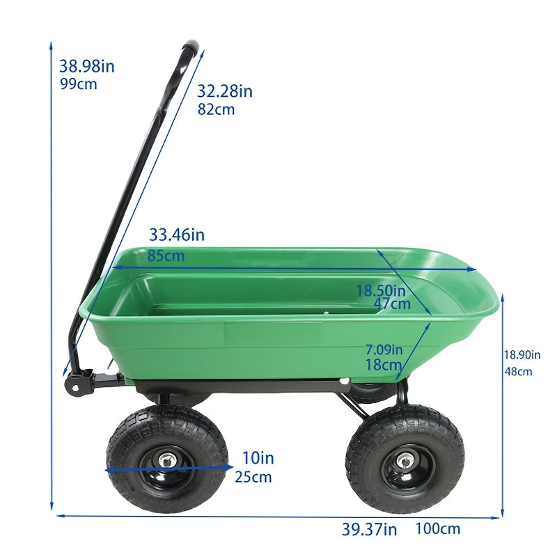 Garden Dump Cart 4-Wheel Steel Frame Poly Bed Quick-Release Dump Feature Foldable D-Handle Yard Wagon for Landscaping Lawn — 