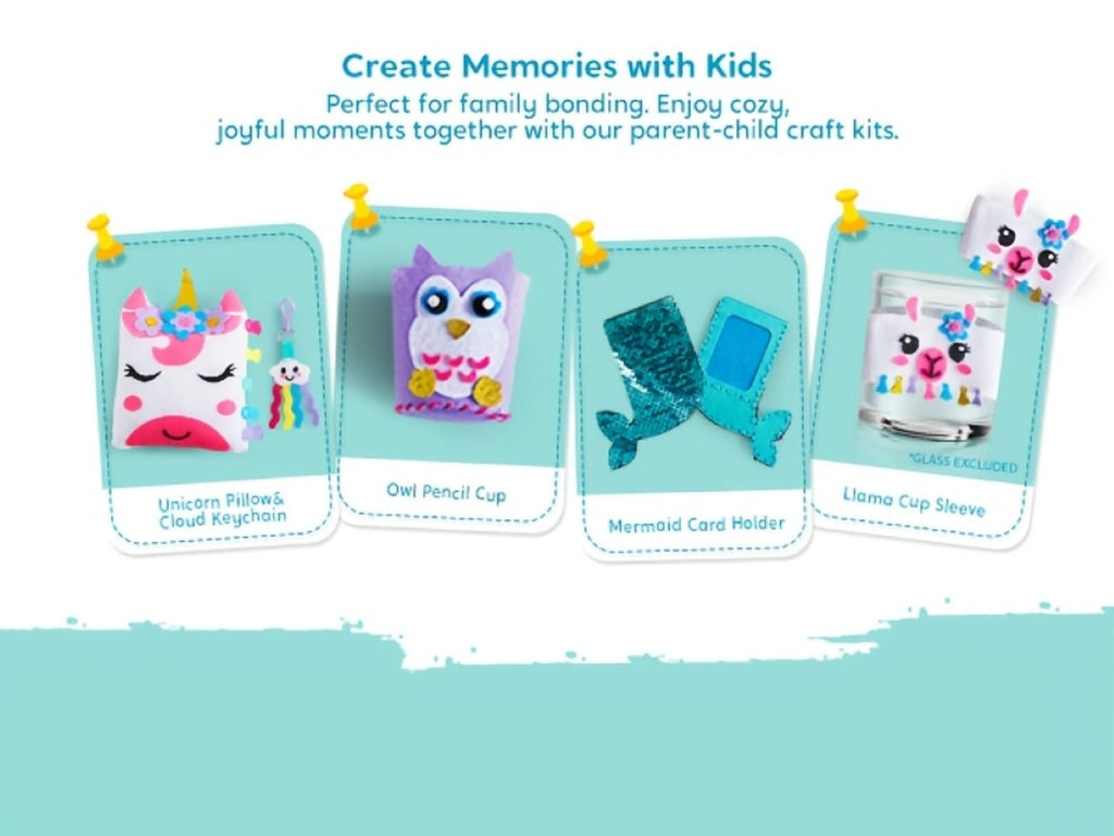 Kids Sewing Kit for Beginners 7 Felt Craft Projects, Pre-Punched Holes Safe Needles Mini Pillow Keychain Card Holder Cup Slee