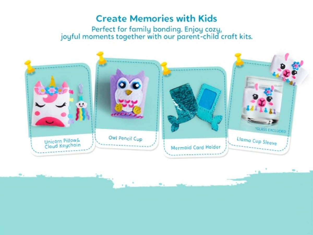 Kids Sewing Kit for Beginners 7 Felt Craft Projects, Pre-Punched Holes Safe Needles Mini Pillow Keychain Card Holder Cup Slee