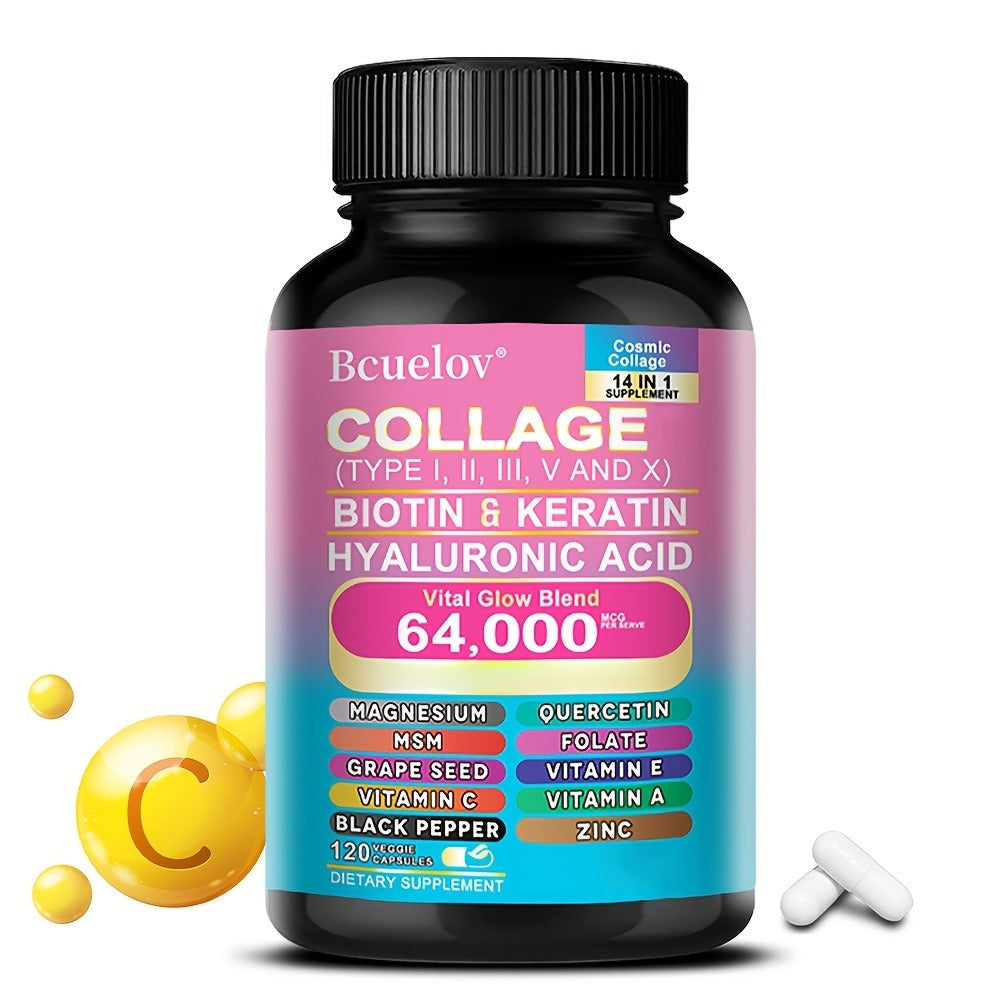 Collagen Capsules Types I II III V X with Biotin Keratin Hyaluronic Acid, Supports Skin Elasticity Hair Growth & Nail Strengt