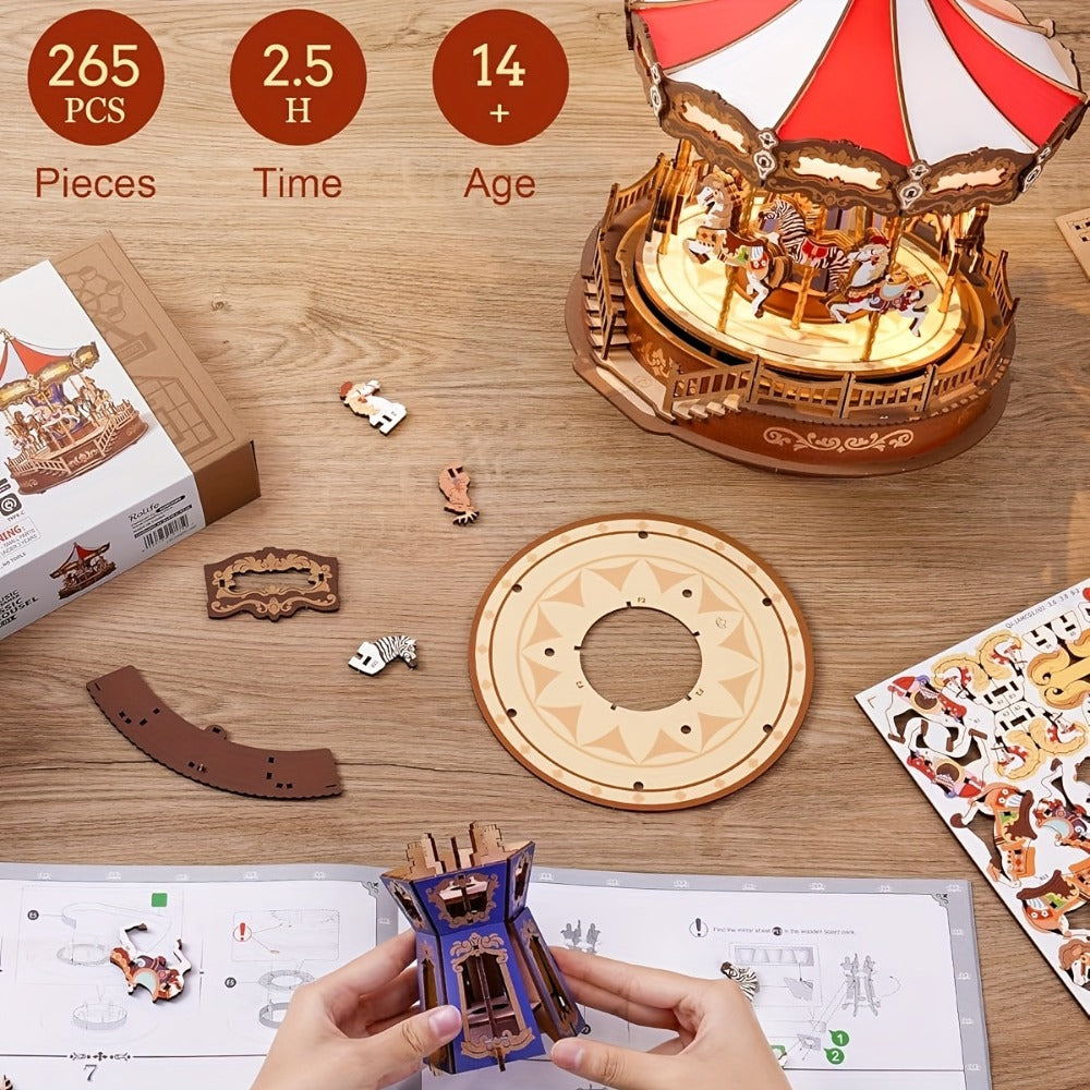 Rolife Carousel Music Box Kit, DIY 3D Wooden Puzzle Architectural Craft Model, Spinning Carousel with Music — image 8