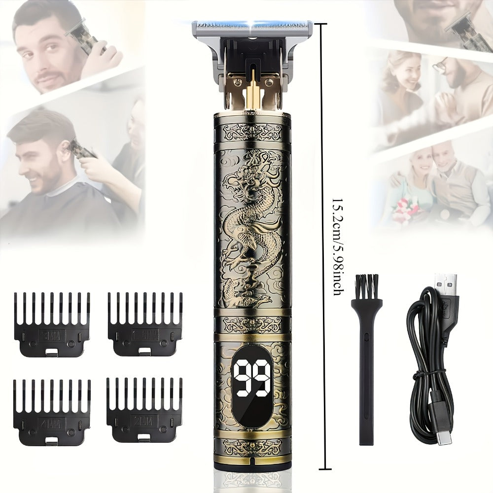 LED Hair Trimmer for Men – T-Blade USB Rechargeable 2000mAh, Vintage Dragon & Mustache Design, 4 Guide Combs, Cordless Precis