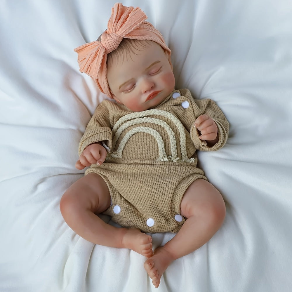 Reborn Baby Doll 20-Inch Sleeping Soft Cloth Body with Striped Outfit, Bow Headband and Feeding Accessories — image 2