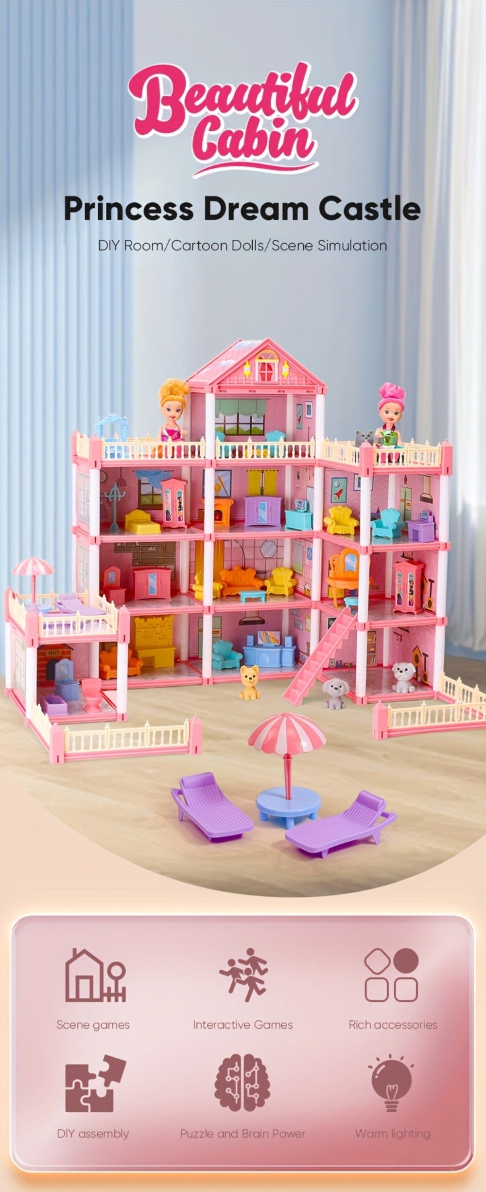Princess Doll House Castle with Furniture & Accessories, Pink or Blue Mini Villa Playset 14 to 27 Rooms — image 15