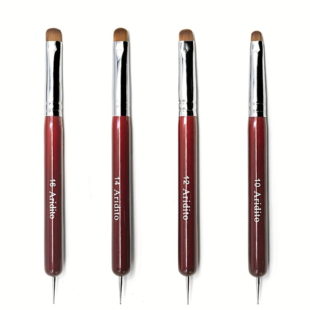 Acrylic Nail Art Brushes Set 4pcs with Dotting Pens – Red Wood Handle Precision Tips #10 #12 #14 #16 for French Manicure Nail