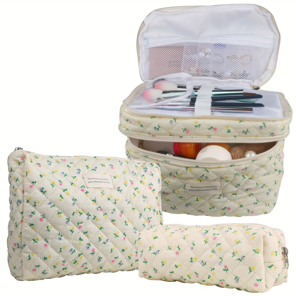 Makeup Bag Three-Piece Quilted Cotton Dual-Layer Floral Pouch Set for Travel, Vanity and Everyday Beauty Storage — image 9
