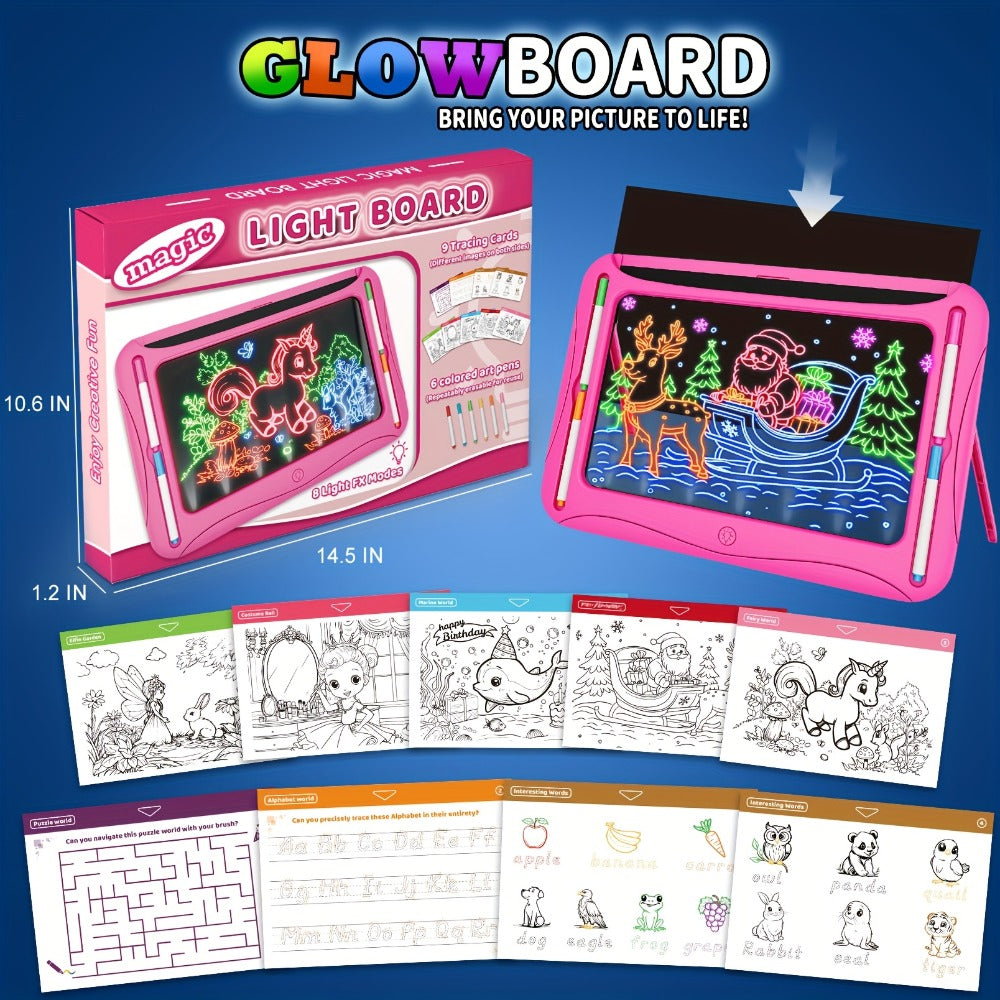 LED Light Up Drawing Board for Kids, 9 Double-Sided Tracing Cards 6 Markers Glow Doodle Travel Art Toy for Girls Boys Ages 3-