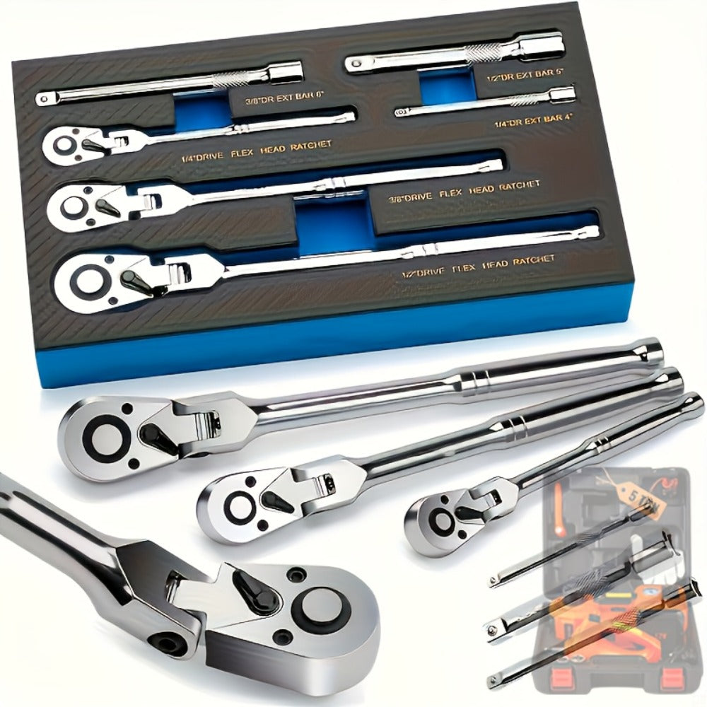 Three- or Six-Piece Flex-Head Ratchet Handle Set with 1/4, 3/8 and 1/2-Inch Drives and Extensions — image 5