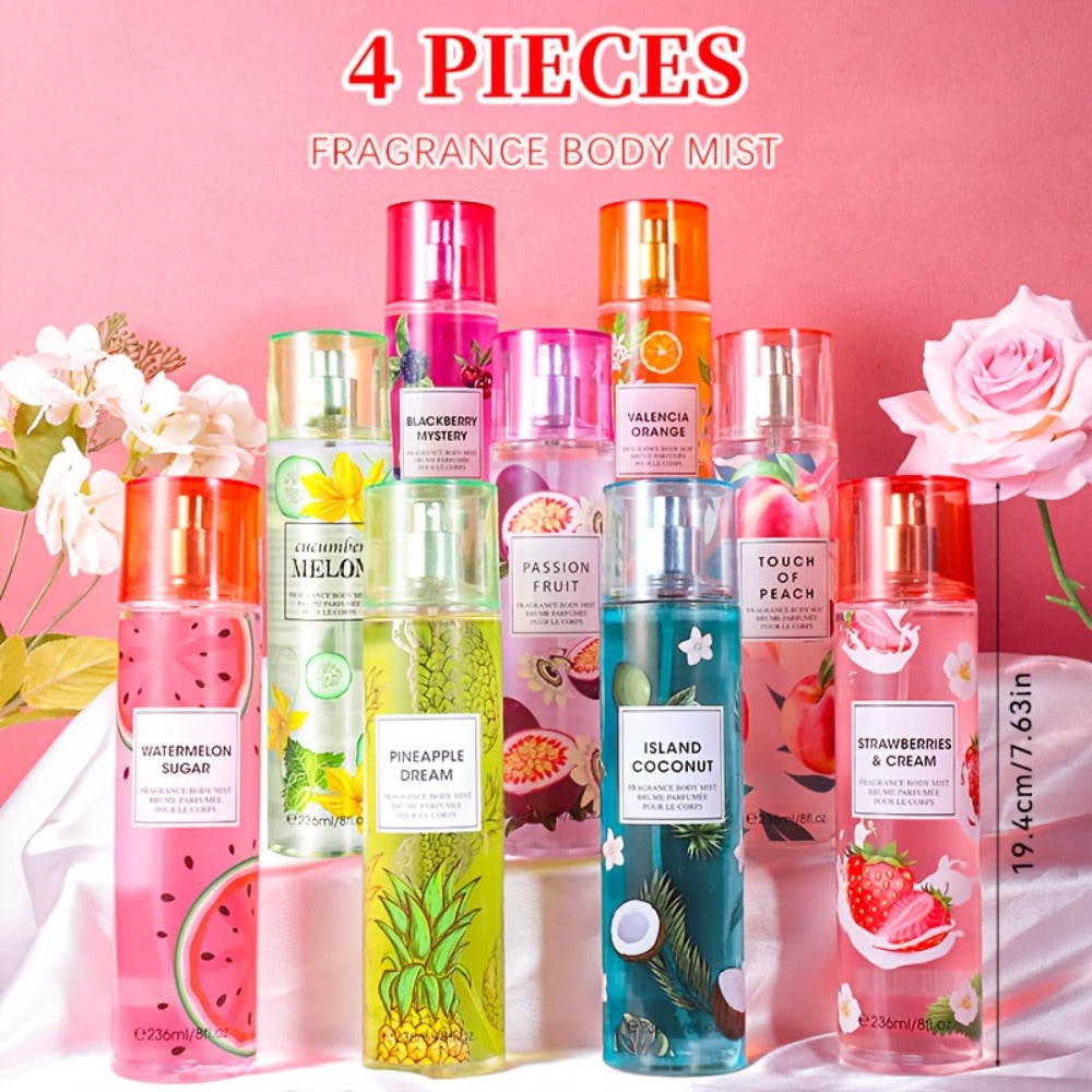 Body Spray for Women 4-Pack 8.4oz Each Hair Body Fragrance Mist Set 20 Floral Fruity Scents Daily Use Gift Value Bundle 250ml