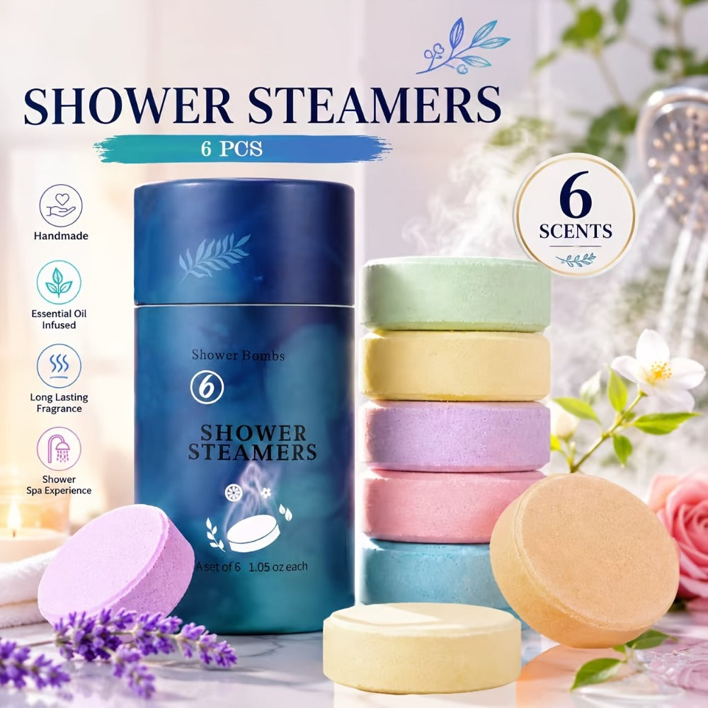 Six Assorted Shower Steamer Tablets in a Cylindrical Gift Box with 30 g Individually Wrapped Pieces — image 1