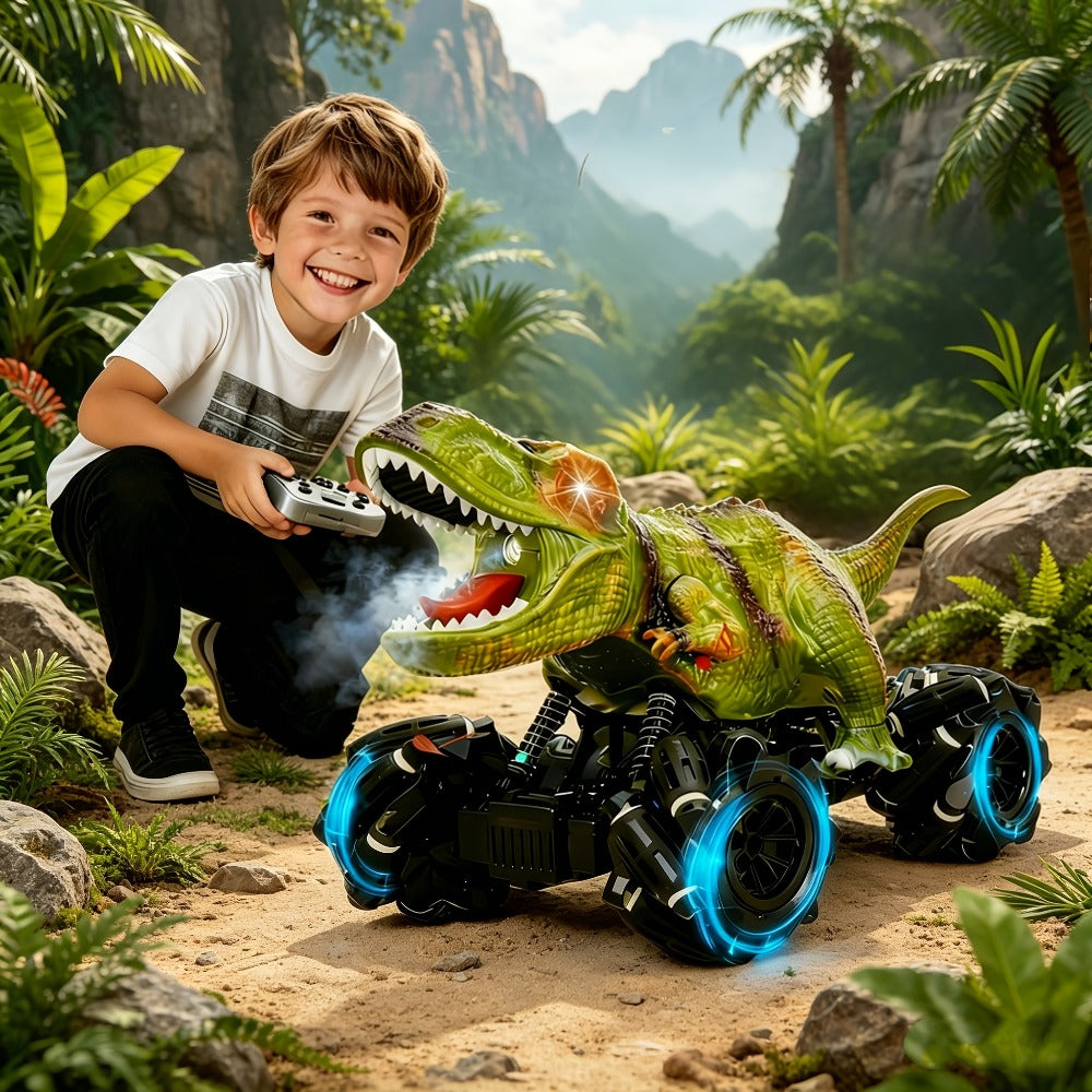 RC Monster Truck Dinosaur 2.4GHz 4WD Off-Road Remote Control Car with LED Lights Music Large Tires All-Terrain Stunt Vehicle 