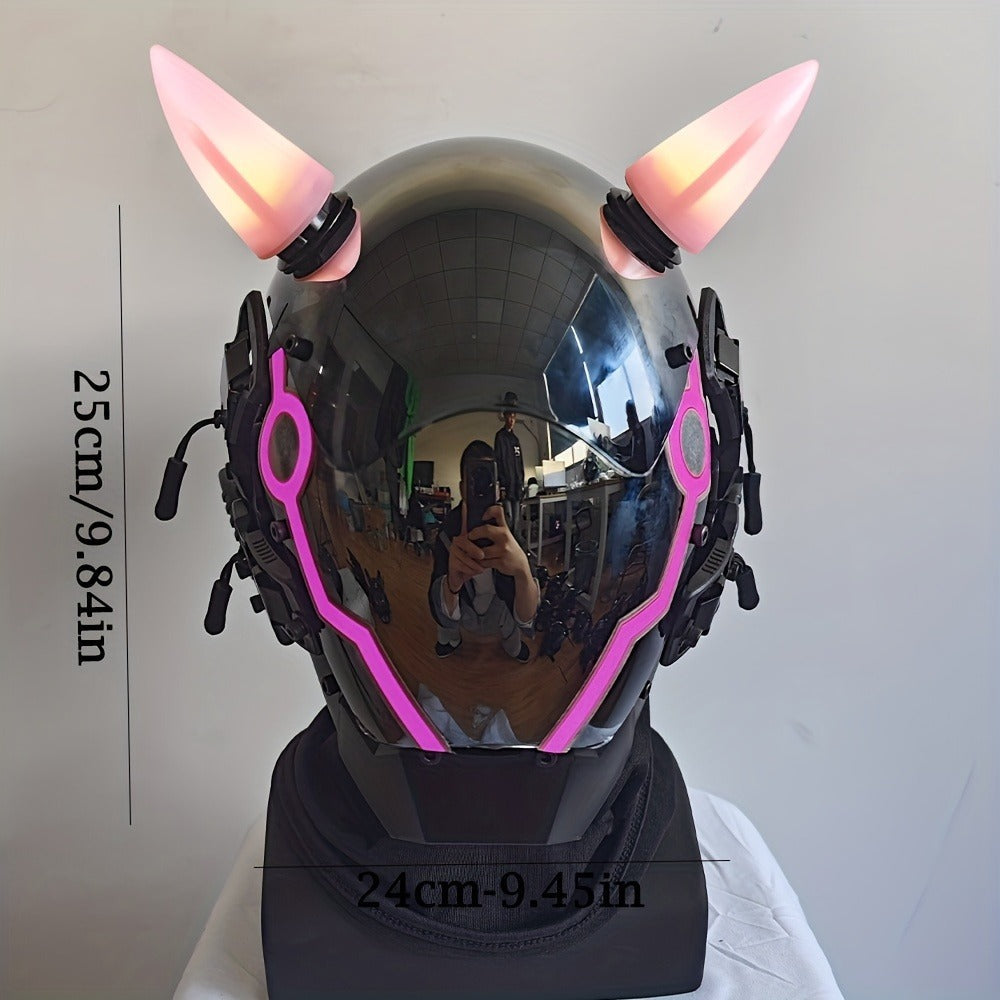 Pink LED Cyberpunk Costume Mask with Horned Full-Face Helmet, Reflective Visor and Lighted Accent Lines — image 2