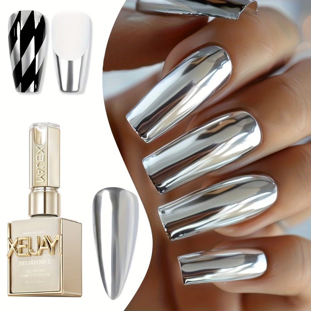 Mirror Metallic Silver Nail Art Gel in XEIJAYI Electroplating-Style Bottle with Cap-Mounted Detail Brush — image 1