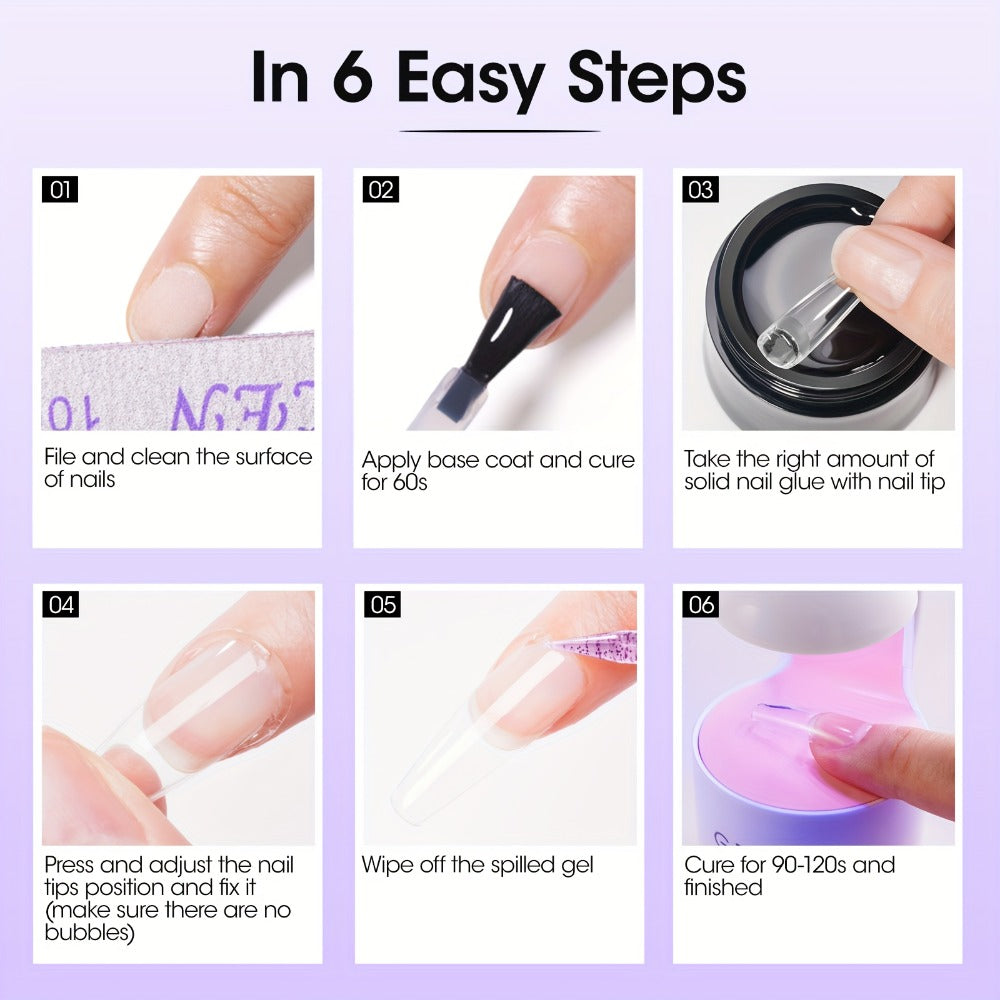 Solid Gel Nail Glue Kit with Mini LED Lamp – 8g UV Cure Gel Glue 28+ Days Long-Lasting Bond for Press On Nails Acrylic Tips R