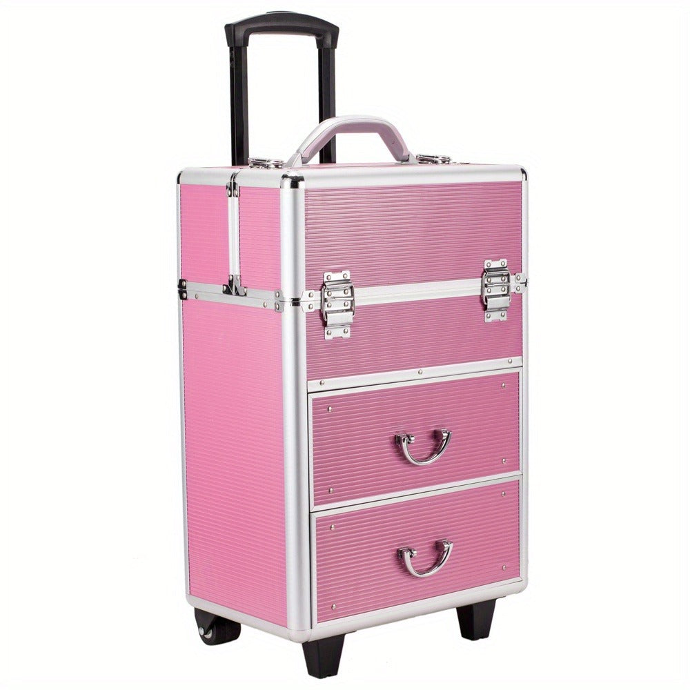 Pink Four-Tier Rolling Makeup Train Case with Fold-Out Top Trays, Two Drawers and Telescoping Handle — image 7