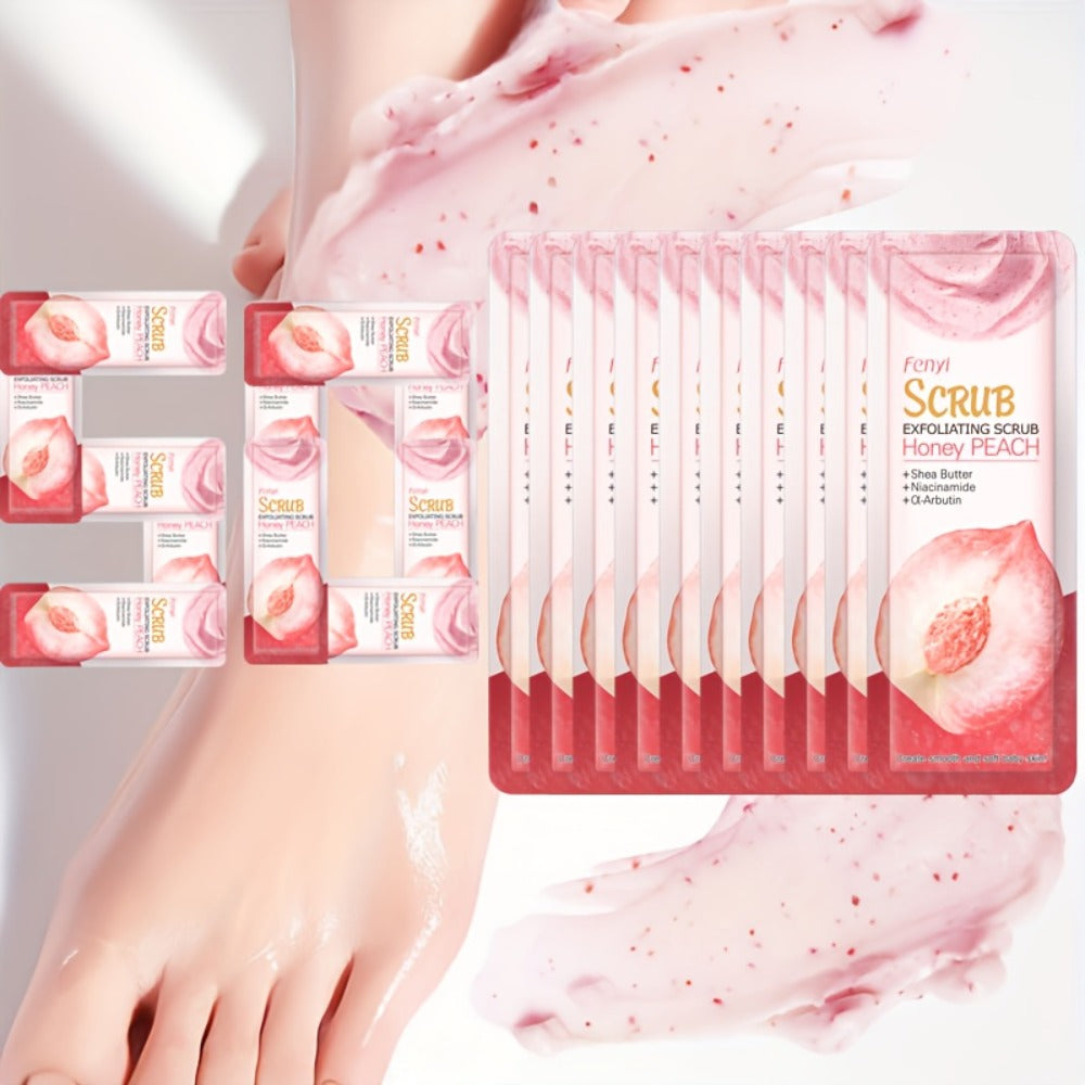 Peach Body Scrub with Jojoba Beads, Fifty 0.11oz Travel Sachets for Foot and Body Care at Home — image 8