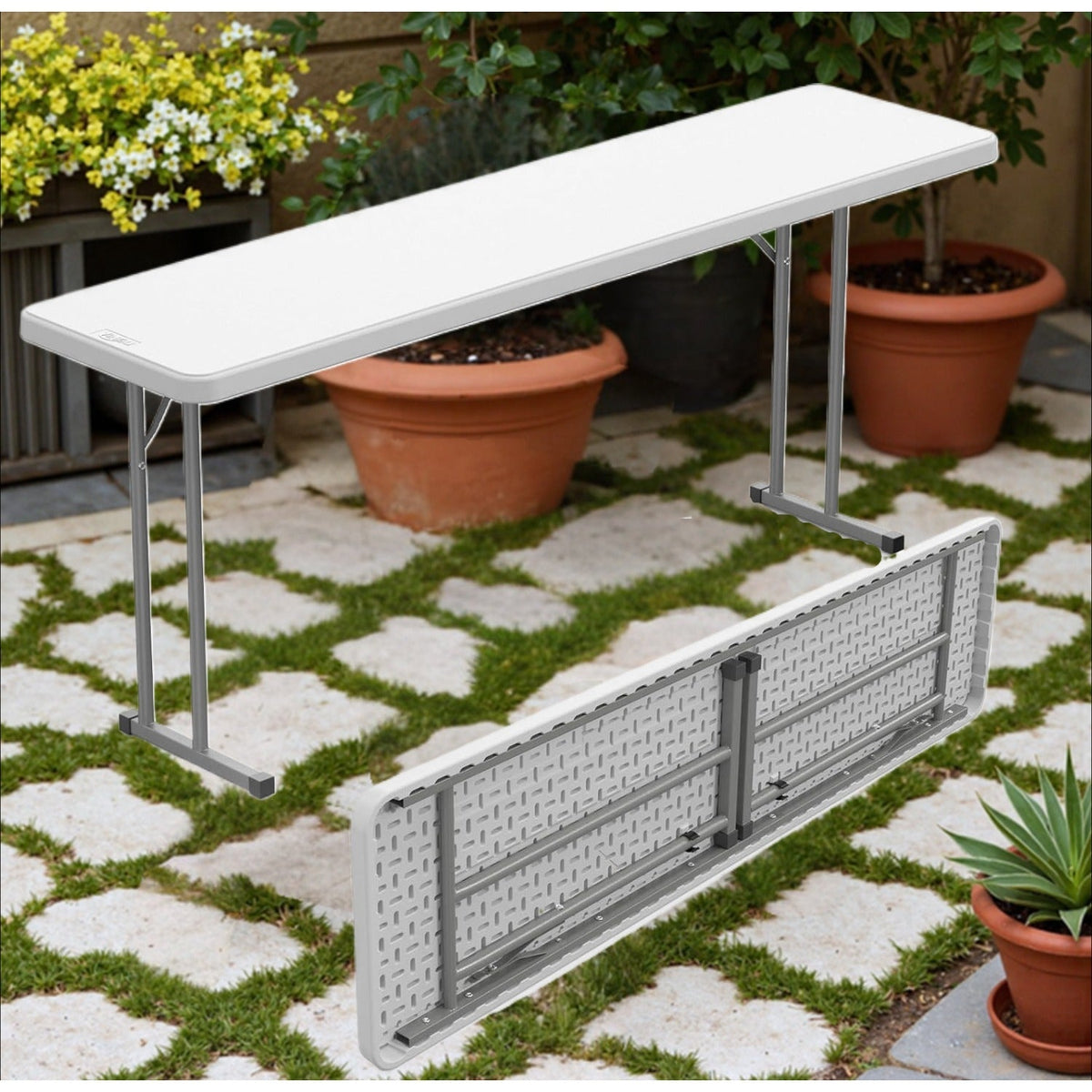 Narrow White 6-Foot Portable Folding Table with Rectangular Top and Folding Gray Leg Frame — image 1