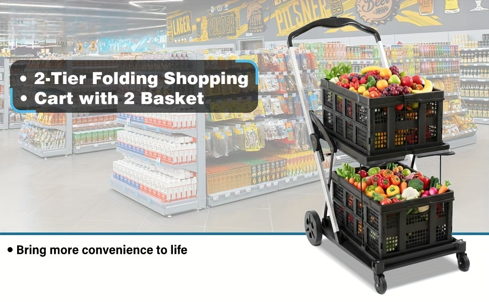 Two Tier Cart with 2 Storage Crates 360° Swivel Wheels, for Garden, Patio and Yard Use, with the Listed Configuration — image