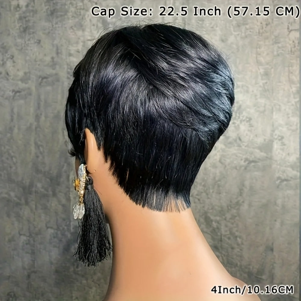 4-Inch Straight Layered Pixie Human Hair Wig in Black with 150% Density and Machine-Made Rose Net Cap — image 5