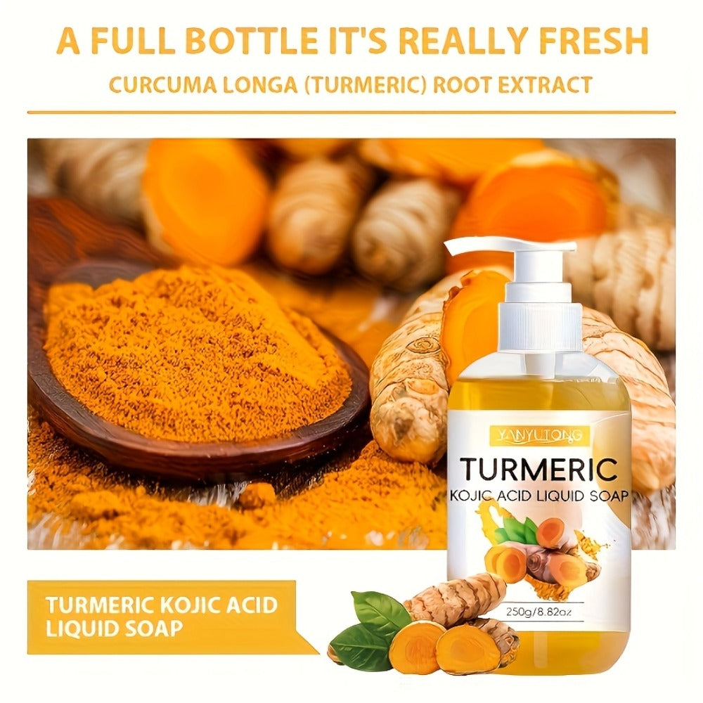 Turmeric Kojic Acid Liquid Soap 250g – Skin Brightening Body Wash for Dark Spots, Even Skin Tone, Deep Cleansing Rich Foam — 