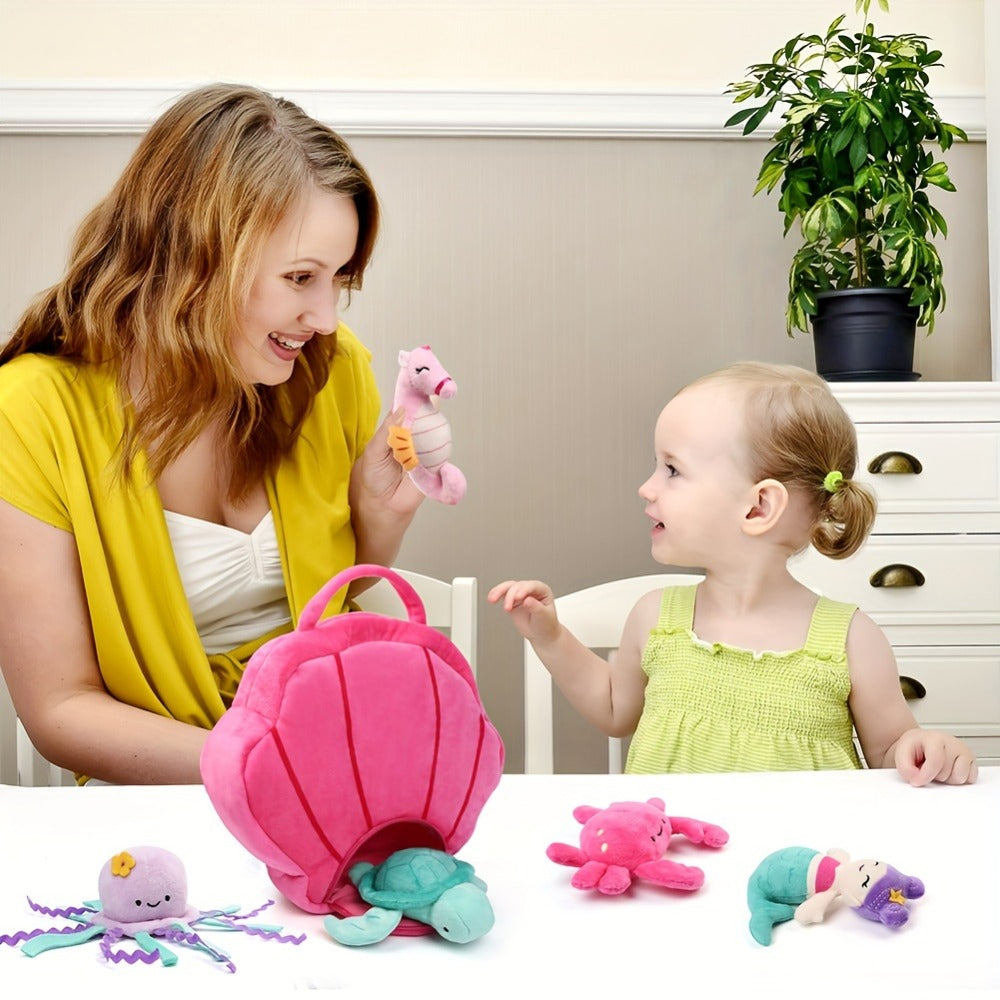 Plush Toy Five-Piece Ocean Creature Set with Mermaid, Sea Animals and Pink Shell Carry Bag — image 6