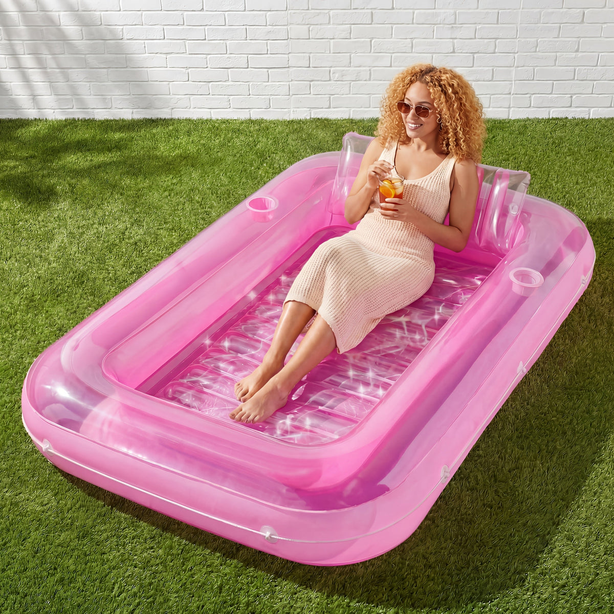 70 x 46-Inch Inflatable Pool Float Tanning Bed in Pink and White with Open Center and Raised Pillow — image 8