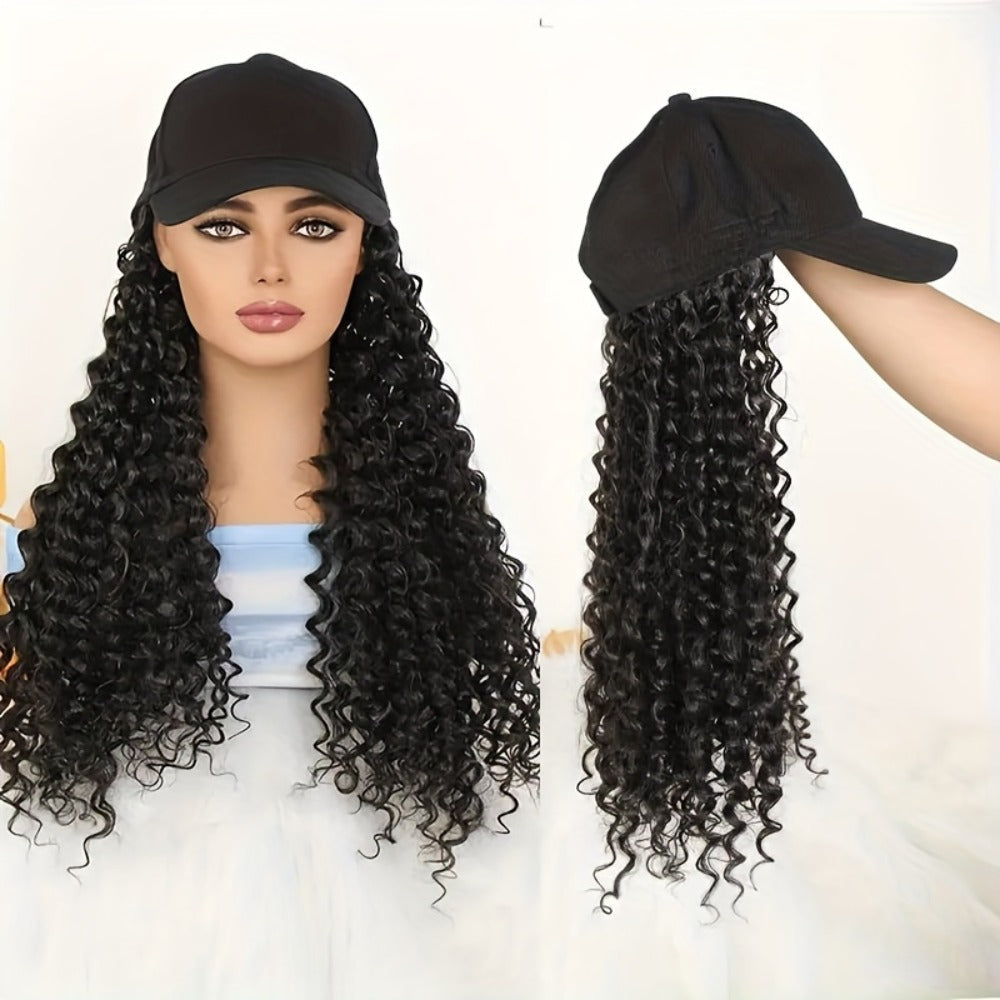 Afro Kinky Curly Baseball Cap Wig for Women 18 Inch Hat and Wig Combo Adjustable Elastic Net Long Synthetic Curly Hair Multi-
