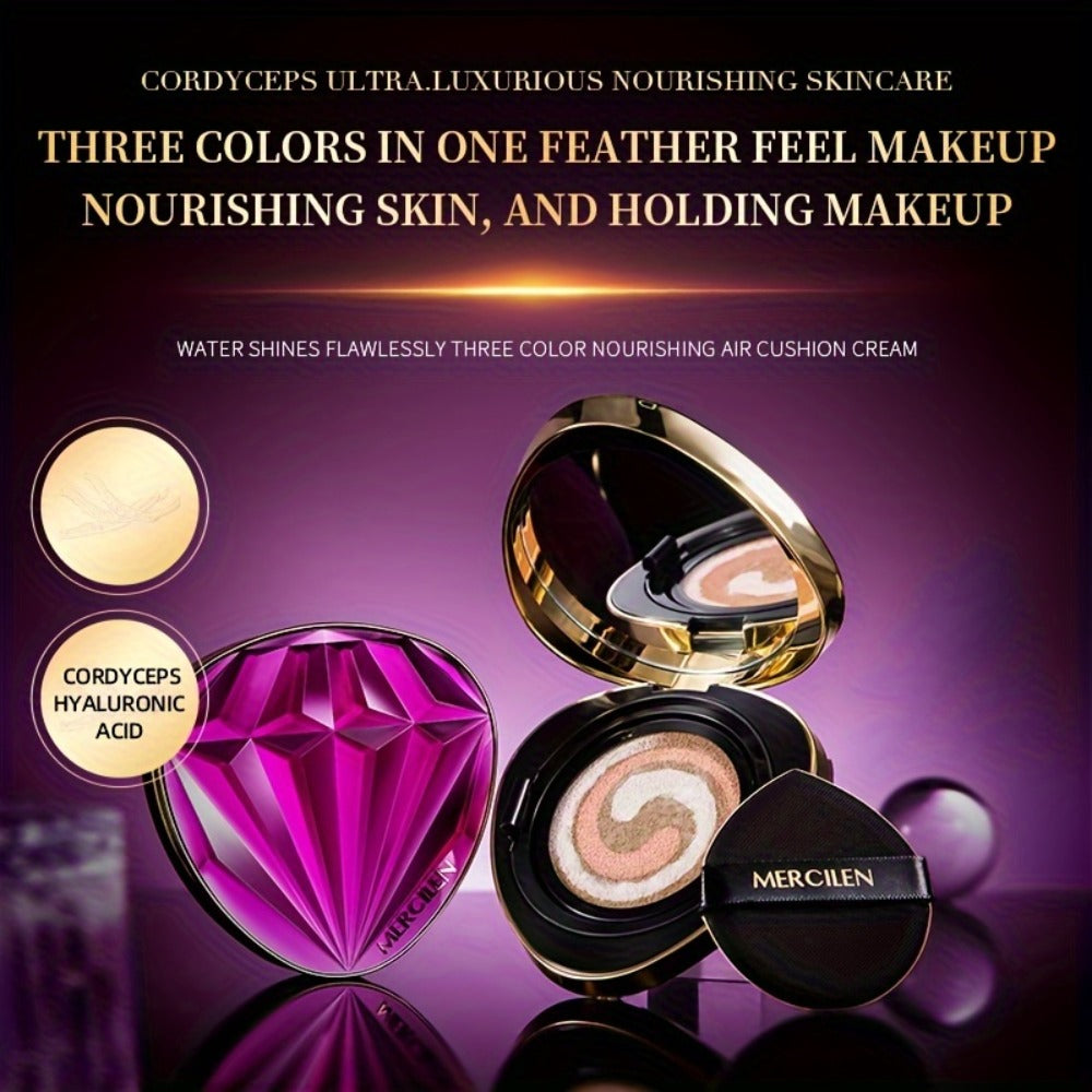 Air Cushion BB Cream Foundation Moisturizing Medium Coverage Dewy Finish with Plant Squalane Glycerin Tri-Color Adaptive Blen