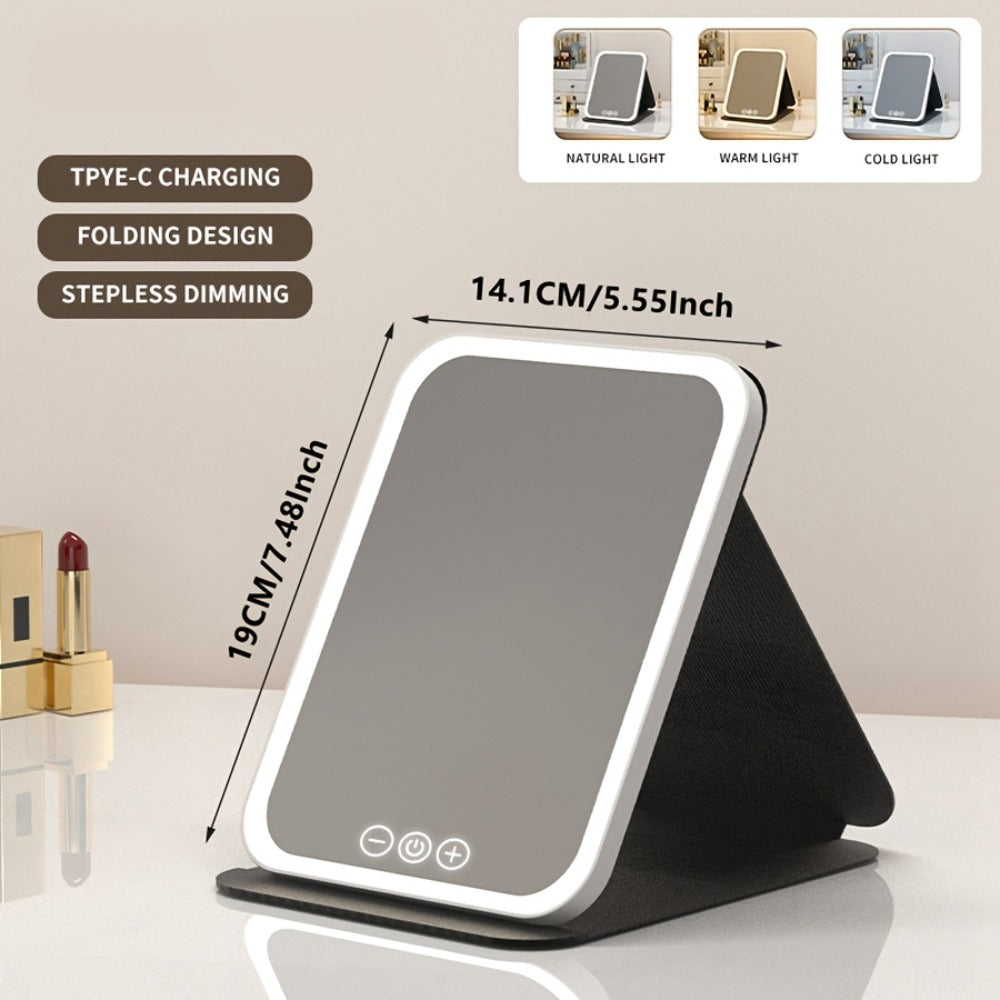 Makeup Mirror Foldable LED Travel Stand with Three Light Colors, Touch Dimming, USB Charging and Pink or White Options — imag