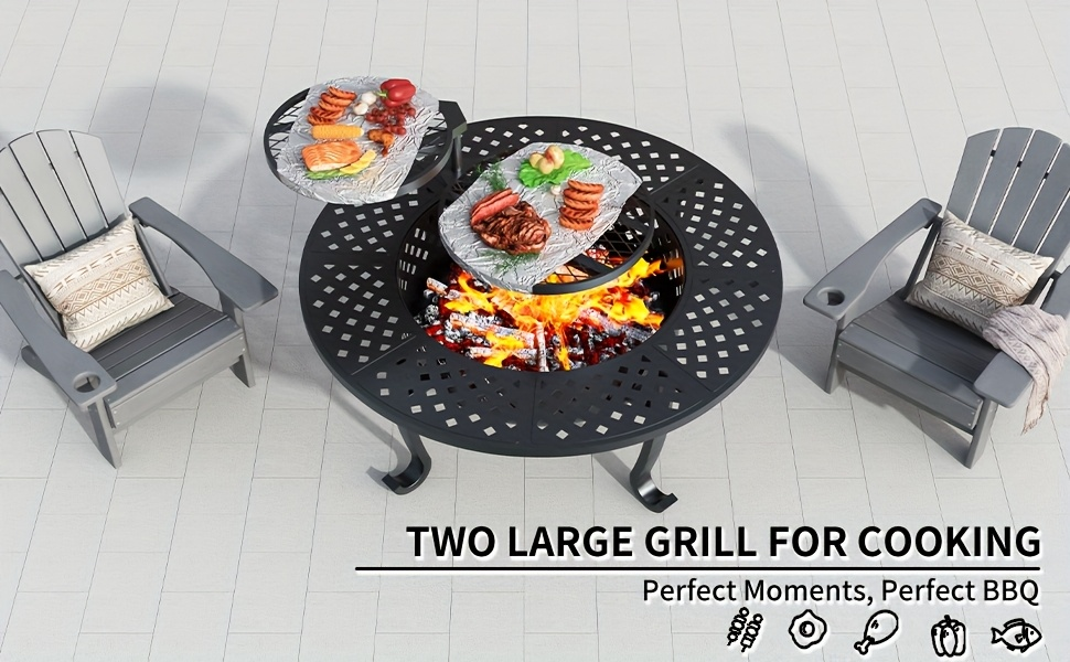 43-Inch Round Fire Pit Table with Two Cooking Grates, Center Lid, Perforated Bowl and Long Poker — image 7