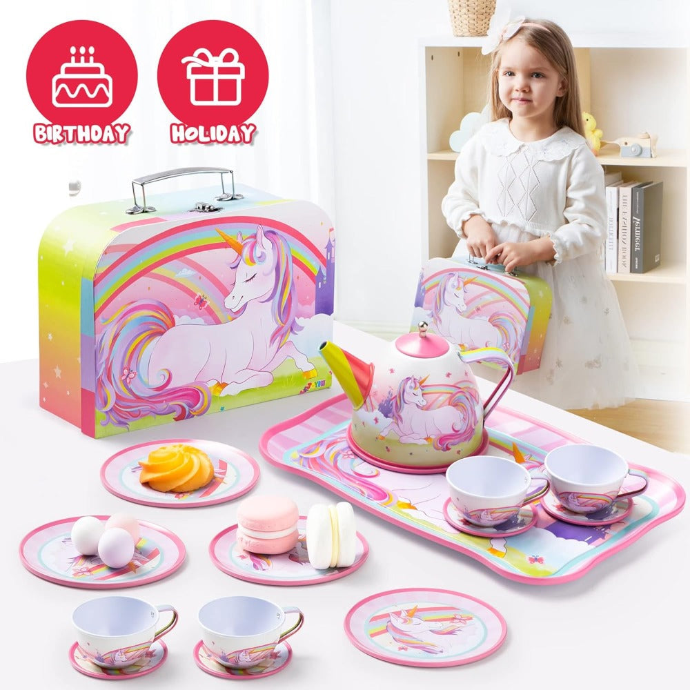 Pink Unicorn Tin Tea Set in Carry Case with Teapot, Four Cups, Four Saucers and Five Plates — image 15