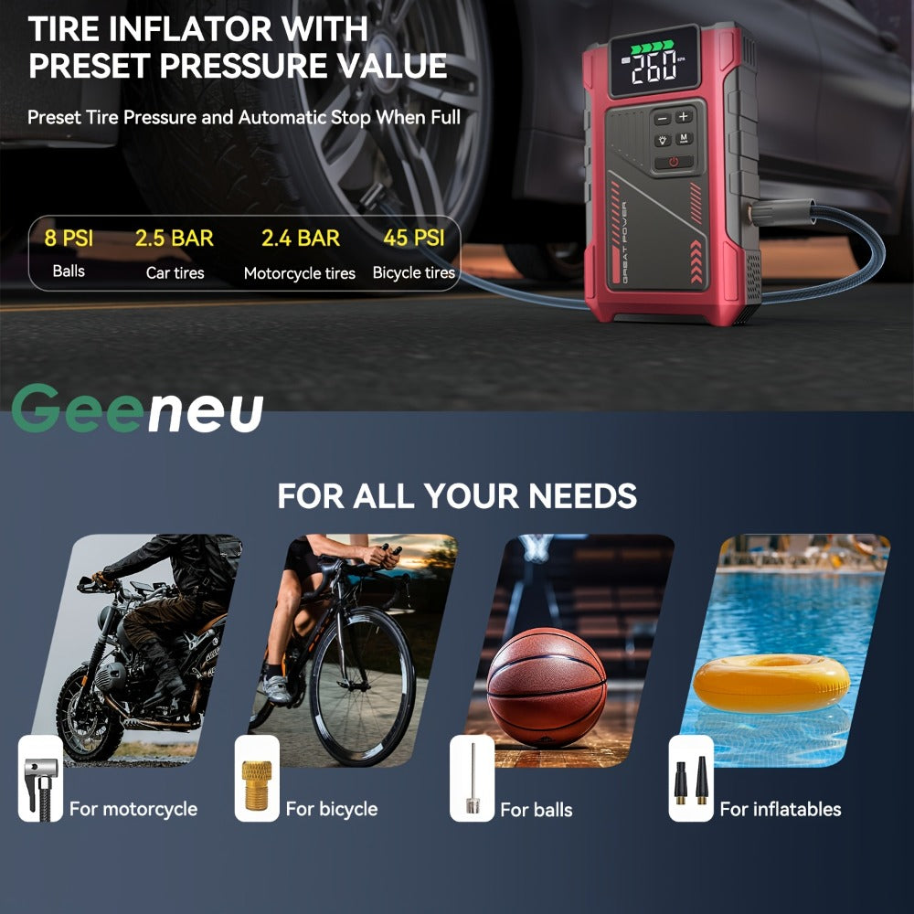 Portable Jump Starter 9-in-1 with Air Compressor – 12V Car Battery Booster for 8.0L Gas & 6.5L Diesel, USB-C, LED Emergency L