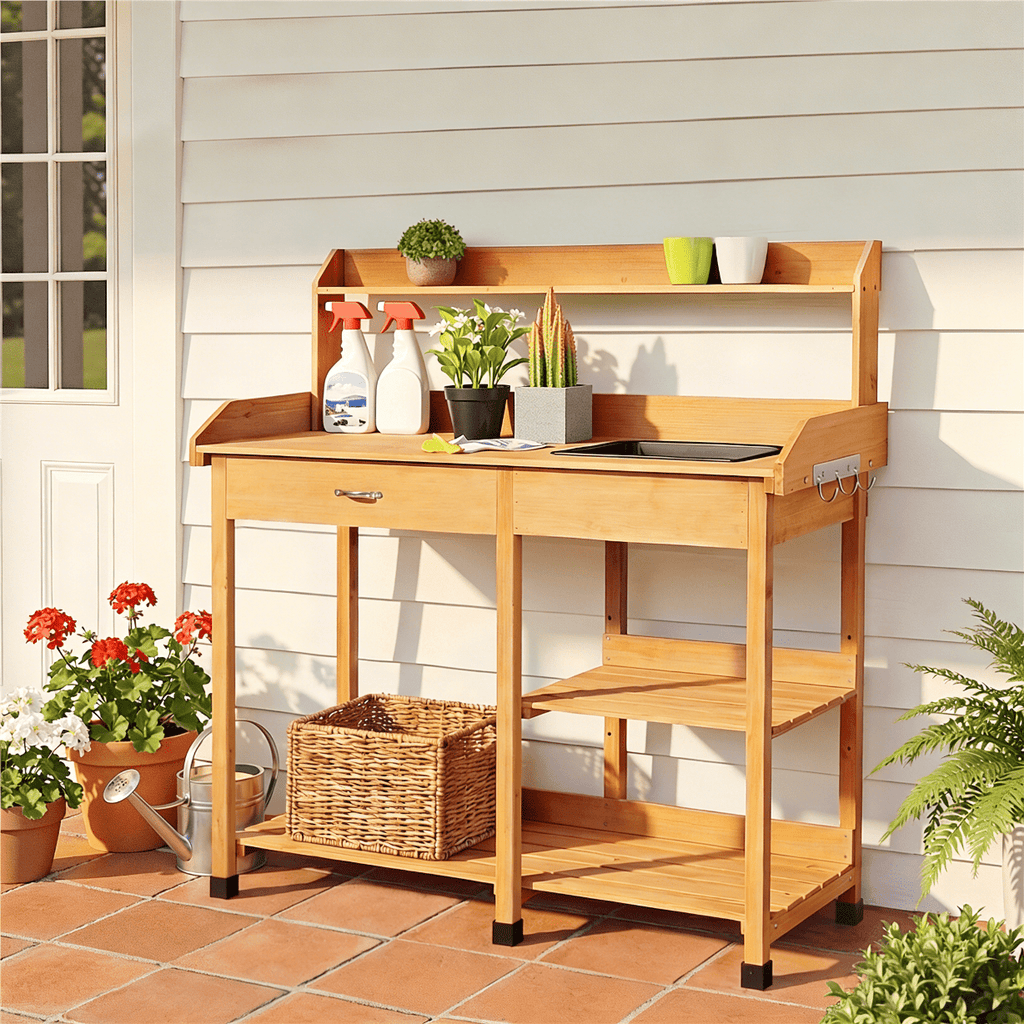 Garden Potting Table 4-Tier with Removable Sink, Adjustable Shelf, Drawer & Side Hooks, Outdoor Planter Stand for Yard Greenh