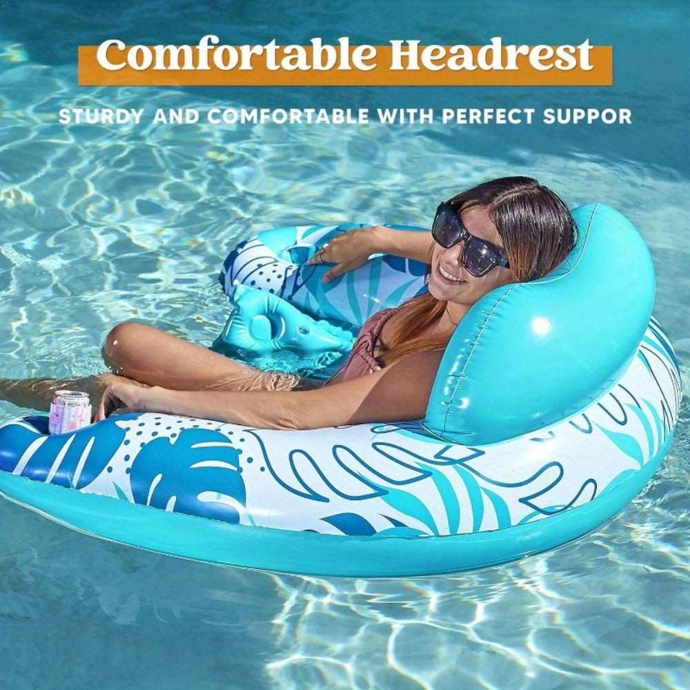 Leaf Print Inflatable Pool Chair Pair with Cup Holders, Blue and Pink 49 x 35 Inch Seats for Adult Lounging — image 5