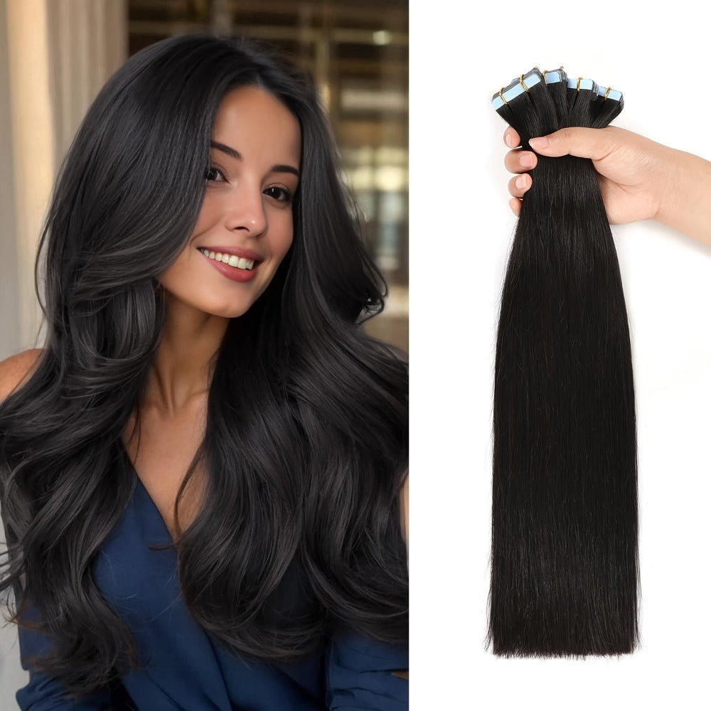 Tape In Hair Extensions Human Hair Straight Natural Black 1B Seamless Skin Weft 10pcs 30g 16 20 22 24 Inch Invisible Blend fo