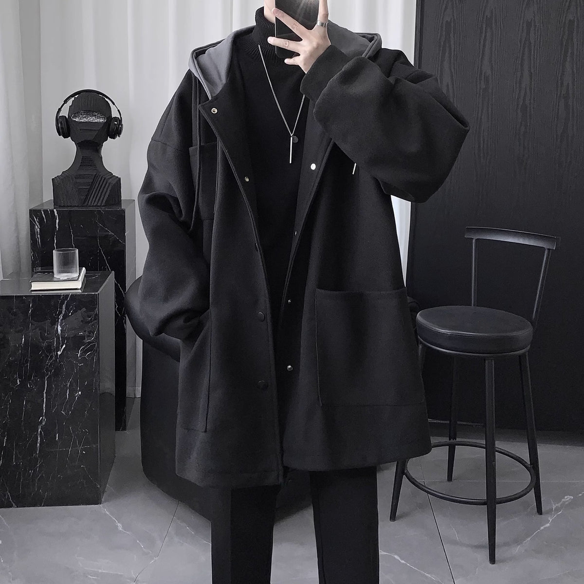 Quilted Hooded Jacket Mens Mid-Length Wool Coat