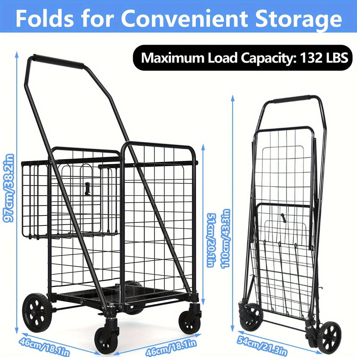 Folding Grocery Cart on Wheels, Double Basket Shopping Cart for Groceries Laundry Foldable Utility Cart — image 2
