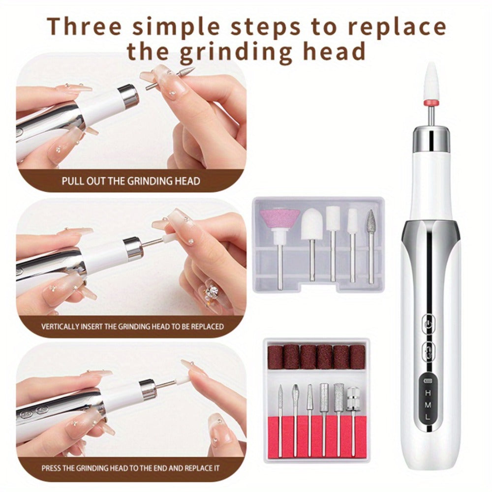 Electric Nail Drill Cordless USB Rechargeable Pen with Bit and Sanding Band Set in Gold or White — image 3