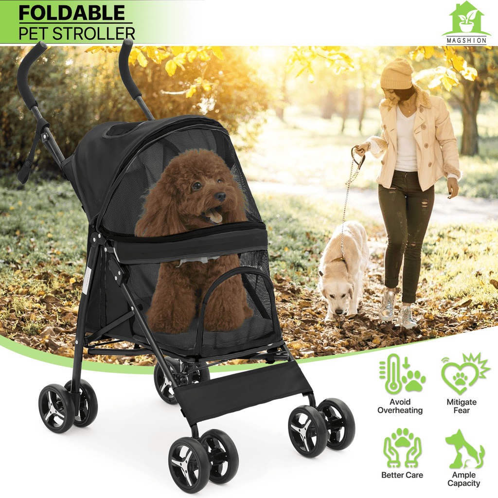 Four-Wheel Pet Stroller with Mesh Cabin, Folding Frame, Lower Basket and Ten Color or Print Options — image 18
