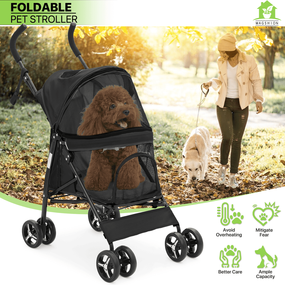 Four-Wheel Pet Stroller with Mesh Cabin, Folding Frame, Lower Basket and Ten Color or Print Options — image 18