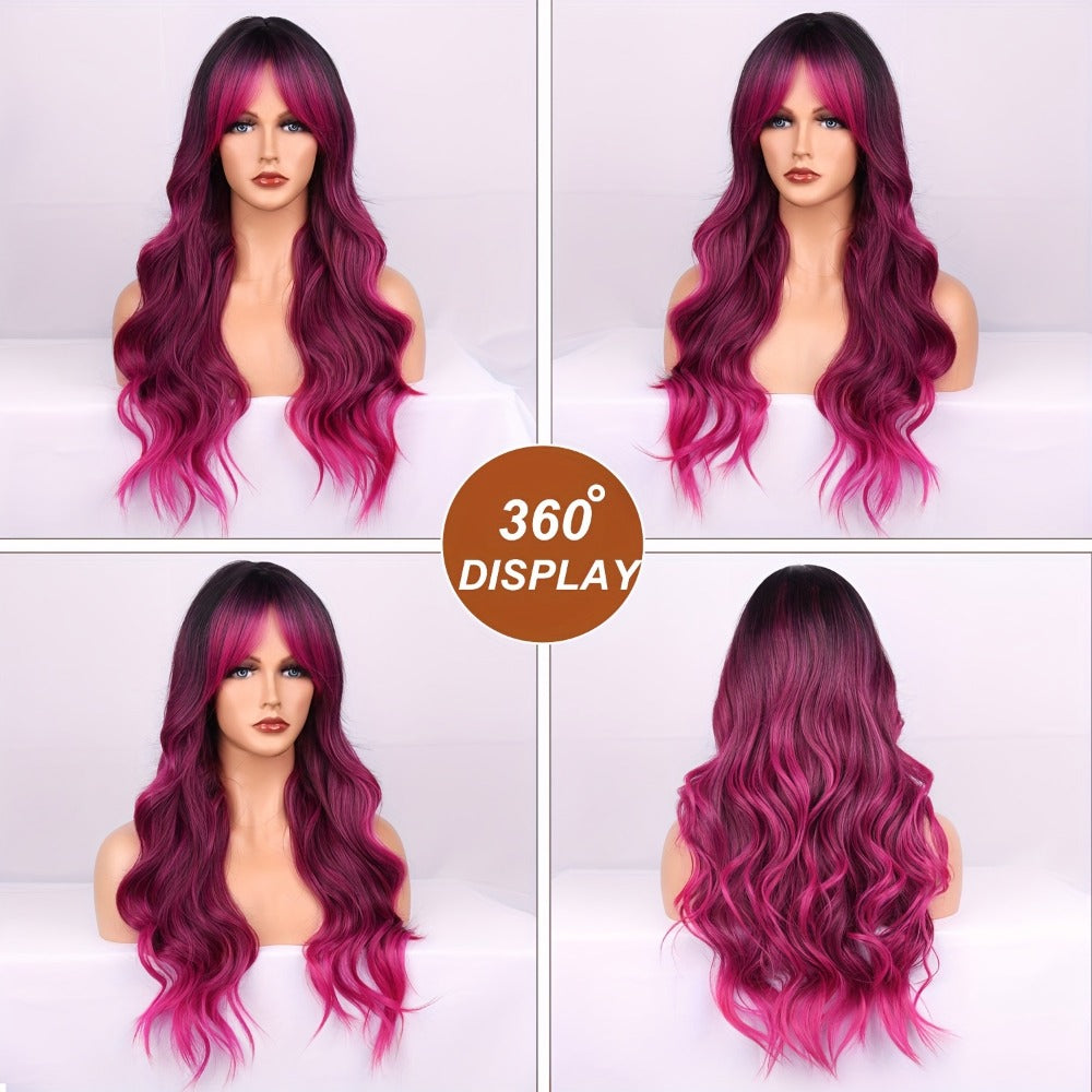 Synthetic Wig 26-Inch Ombre Rose-Red to Dark-Purple Body Waves with Bangs and Side Part for Cosplay — image 2