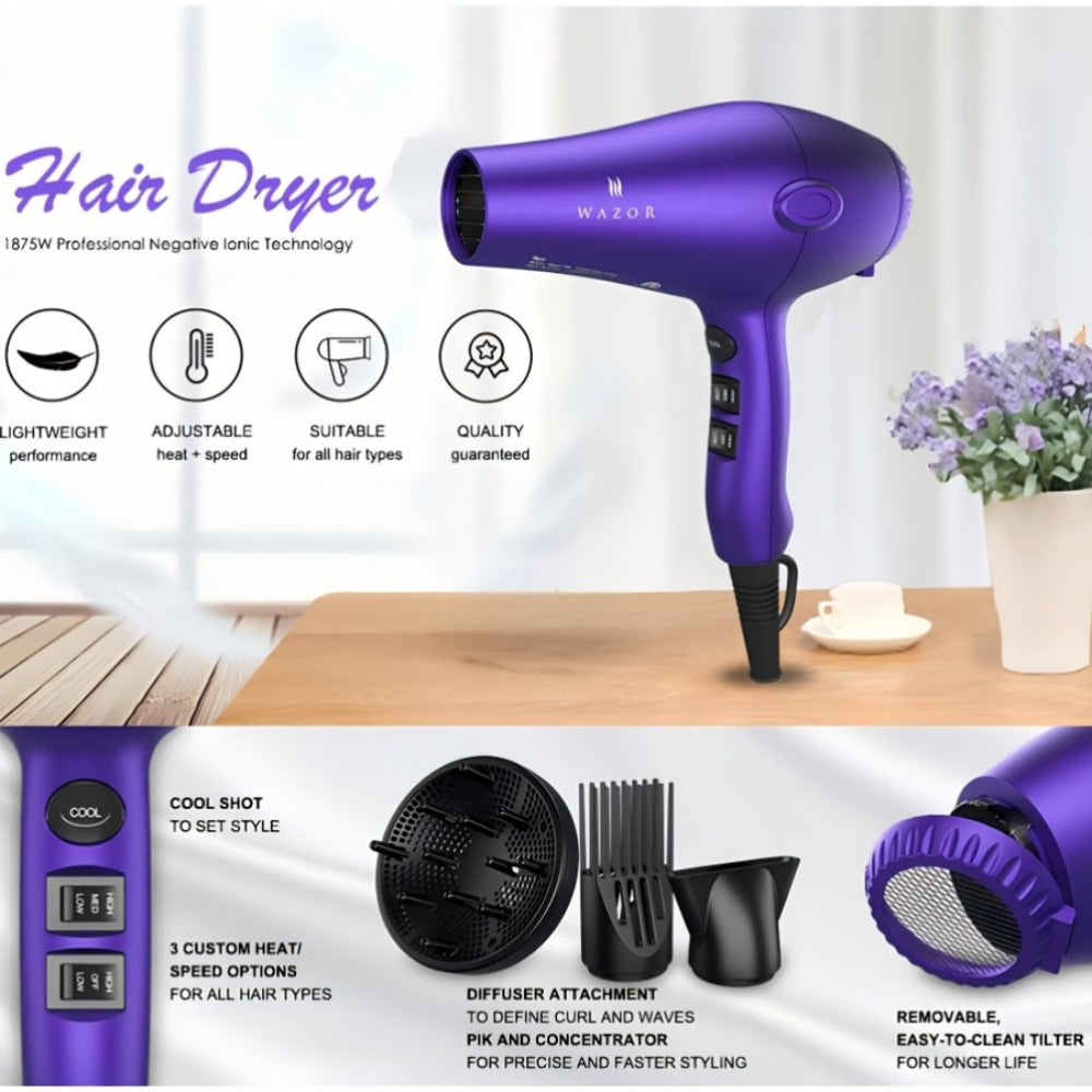 Purple WAZOR 1875W Hair Dryer with Three Heat Settings, Two Speeds, Cool Shot and Three Styling Attachments — image 1