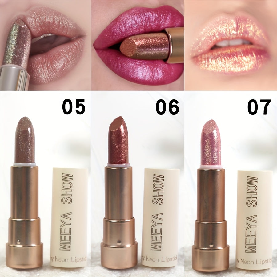 Glitter Shimmer Lipstick Set 3Pcs Pearlescent Pinkish Golden Creamy Glossy Sparkle Lip Gloss Lip Makeup for Party Stage Cospl