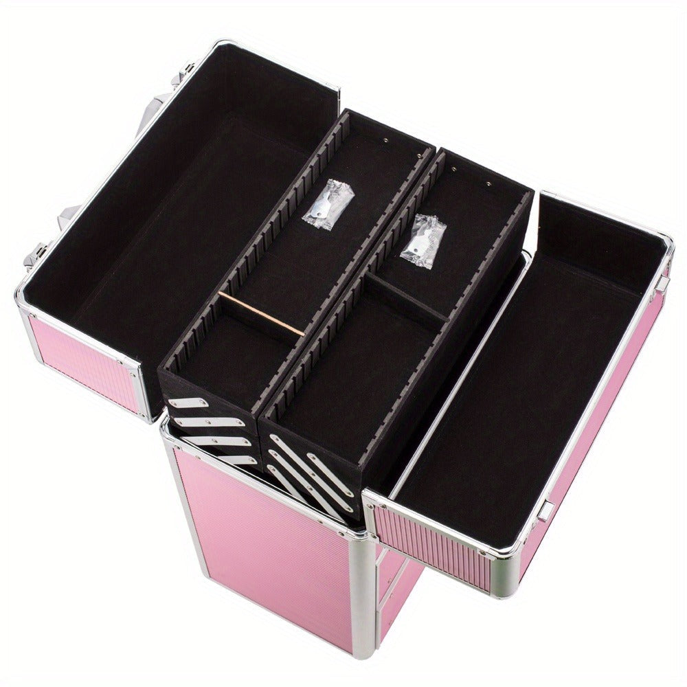 Pink Four-Tier Rolling Makeup Train Case with Fold-Out Top Trays, Two Drawers and Telescoping Handle — image 9